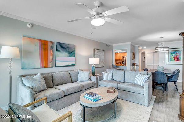 Dining room, Interior, Living room, Pendant Lights, Recessed Lighting, Wood Texture Flooring