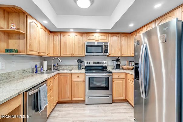 Interior, Kitchen, Recessed Lighting, Stainless Steel Appliances, Wood Texture Flooring