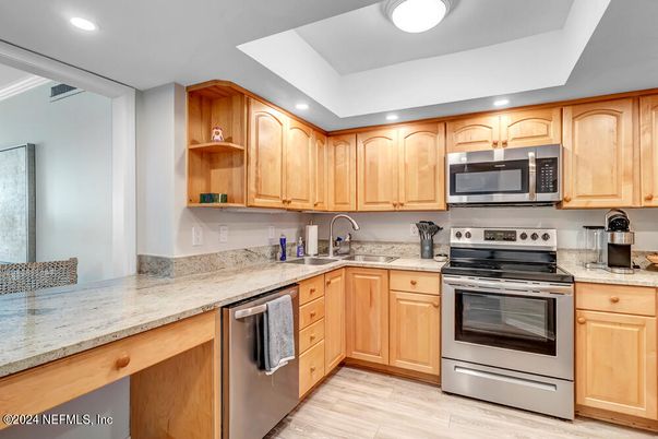 Interior, Kitchen, Recessed Lighting, Stainless Steel Appliances, Wood Texture Flooring