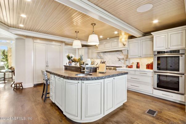 Interior, Kitchen, Pendant Lights, Recessed Lighting, Stainless Steel Appliances, Wooden Ceilings, Wood Texture Flooring