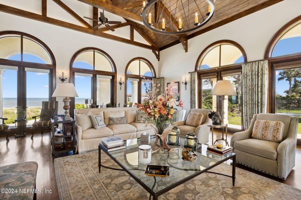 Chandelier, Interior, Living room, Water, Wooden Beams, Wooden Ceilings, Wood Texture Flooring
