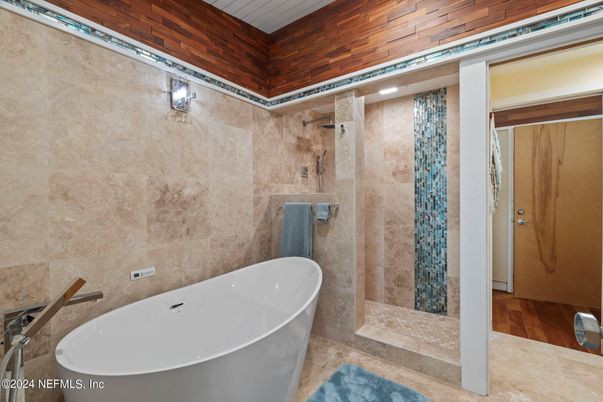 Bathroom, Free Standing Baths, Interior, Wood Texture Flooring, Wooden Walls