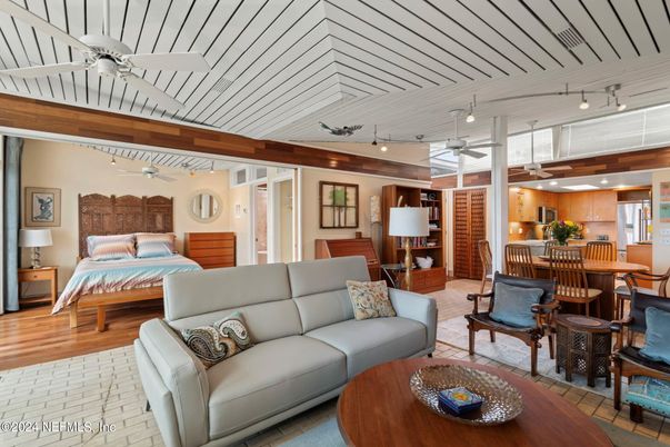 Bedroom, Dining room, Interior, Kitchen, Living room, Recessed Lighting, Wood Texture Flooring