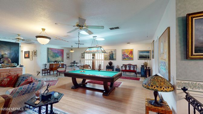 Billiard Table, Game Room, Interior, Pendant Lights, Wood Texture Flooring