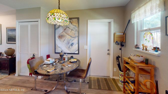 Dining room, Interior, Pendant Lights, Wood Texture Flooring