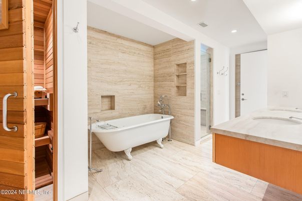 Bathroom, Dual Sink Vanities, Free Standing Baths, Interior, Recessed Lighting, Wooden Walls