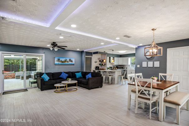 Dining room, Interior, Kitchen, Living room, Pendant Lights, Recessed Lighting, Wood Texture Flooring
