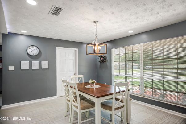 Dining room, Interior, Pendant Lights, Recessed Lighting, Wood Texture Flooring