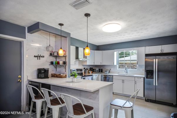 Interior, Kitchen, Pendant Lights, Stainless Steel Appliances, Wood Texture Flooring