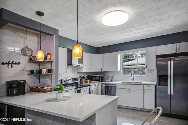 Interior, Kitchen, Pendant Lights, Stainless Steel Appliances, Wood Texture Flooring