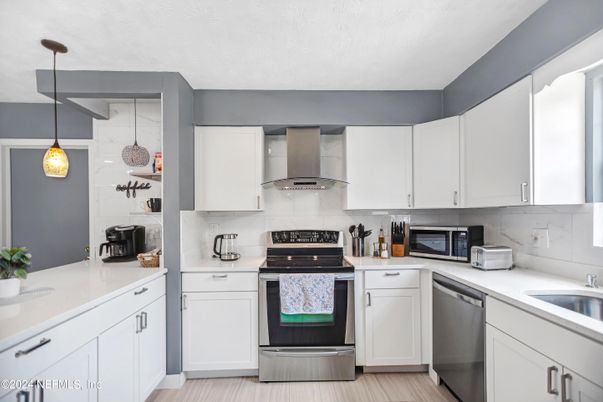 Interior, Kitchen, Pendant Lights, Stainless Steel Appliances, Wood Texture Flooring