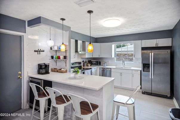 Interior, Kitchen, Pendant Lights, Stainless Steel Appliances, Wood Texture Flooring