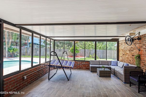 Interior, Living room, Stone Walls, Sun Room, Wood Texture Flooring