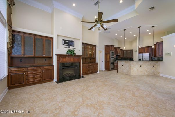 Fireplace, Interior, Kitchen, Pendant Lights, Recessed Lighting, Stainless Steel Appliances