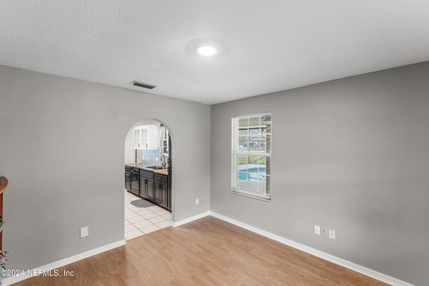Empty room, Interior, Kitchen, Recessed Lighting, Wood Texture Flooring