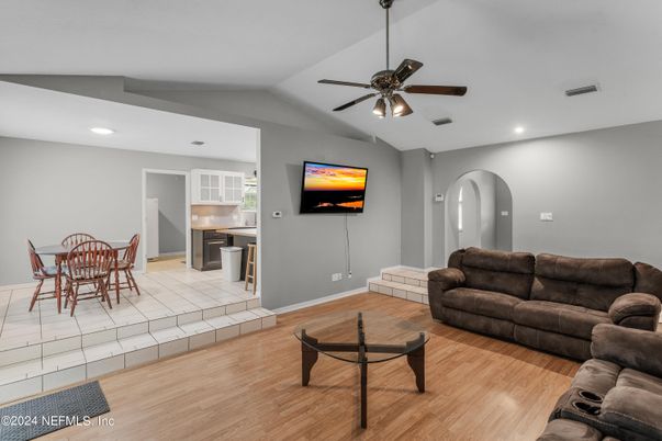 Dining room, Interior, Living room, Recessed Lighting, Wood Texture Flooring