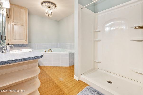 Bathroom, Chandelier, Interior, Wood Texture Flooring