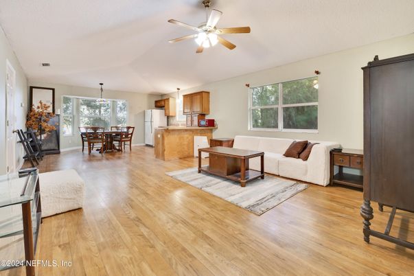 Dining room, Interior, Kitchen, Living room, Pendant Lights, Wood Texture Flooring