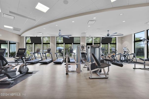 Fitness Equipment, Gym, Interior, Recessed Lighting, Wood Texture Flooring