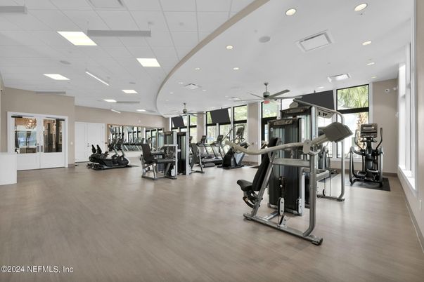Fitness Equipment, Gym, Interior, Recessed Lighting, Wood Texture Flooring