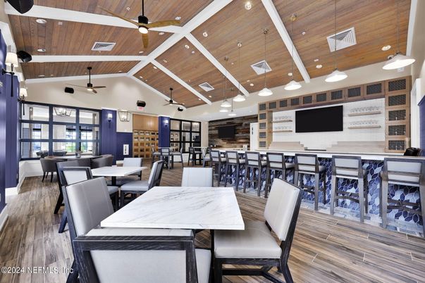 Dining room, Interior, Pendant Lights, Recessed Lighting, Wooden Ceilings, Wood Texture Flooring