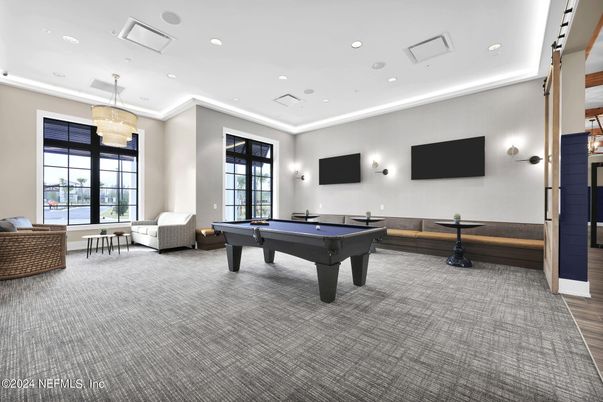 Billiard Table, Chandelier, Game Room, Interior, Recessed Lighting, Wood Texture Flooring