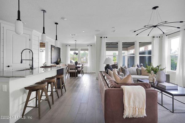 Dining room, Interior, Kitchen, Living room, Pendant Lights, Recessed Lighting, Wood Texture Flooring