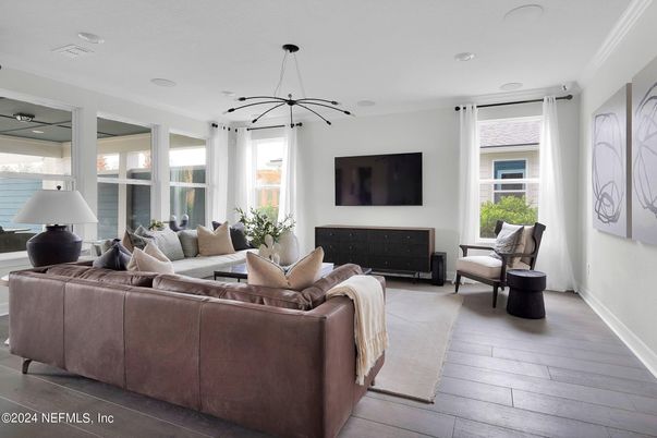 Interior, Living room, Pendant Lights, Wood Texture Flooring