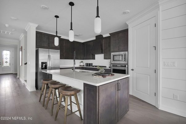 Interior, Kitchen, Pendant Lights, Recessed Lighting, Stainless Steel Appliances, Wood Texture Flooring