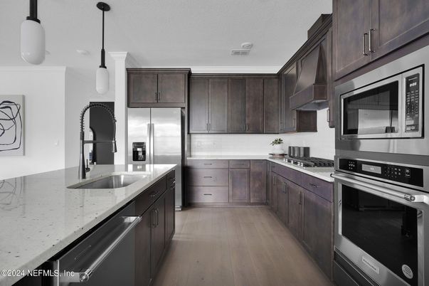 Interior, Kitchen, Pendant Lights, Stainless Steel Appliances, Wood Texture Flooring