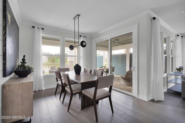 Dining room, Interior, Pendant Lights, Wood Texture Flooring
