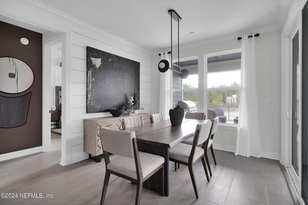 Dining room, Interior, Pendant Lights, Wood Texture Flooring