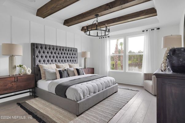 Bedroom, Interior, Pendant Lights, Recessed Lighting, Wooden Beams, Wood Texture Flooring