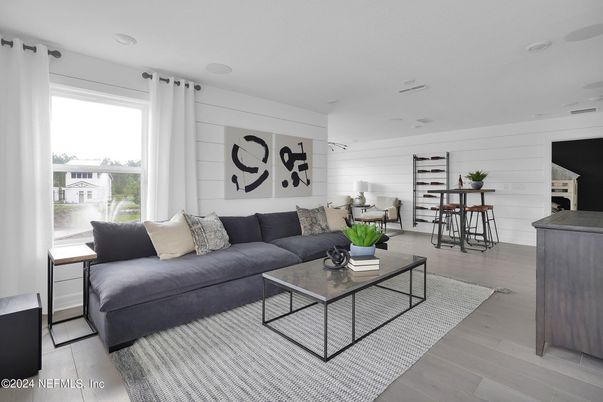 Interior, Living room, Recessed Lighting, Wood Texture Flooring