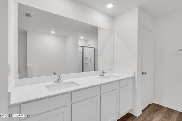 Bathroom, Dual Sink Vanities, Interior, Recessed Lighting, Wood Texture Flooring