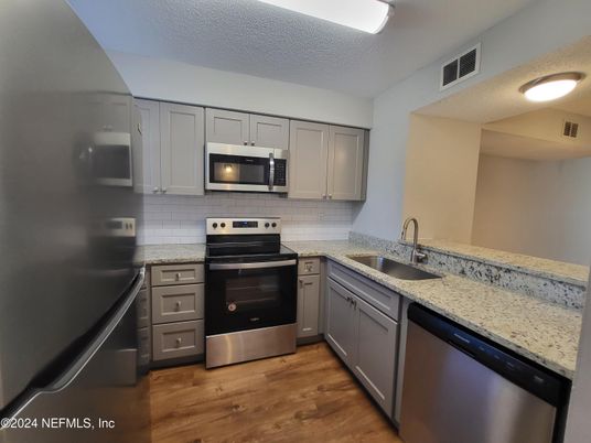 Interior, Kitchen, Stainless Steel Appliances, Wood Texture Flooring