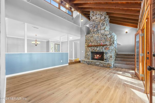 Chandelier, Fireplace, Interior, Stone Walls, Wooden Beams, Wooden Ceilings, Wood Texture Flooring