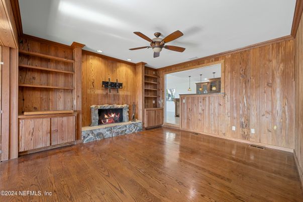 Empty room, Fireplace, Interior, Recessed Lighting, Wood Texture Flooring, Wooden Walls