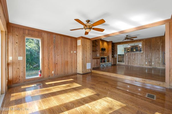 Empty room, Fireplace, Interior, Wood Texture Flooring, Wooden Walls