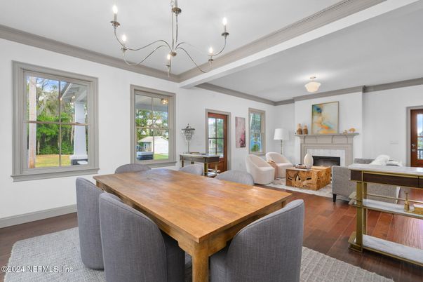 Chandelier, Dining room, Fireplace, Interior, Living room, Wood Texture Flooring
