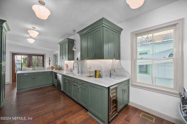 Interior, Kitchen, Pendant Lights, Stainless Steel Appliances, Wood Texture Flooring
