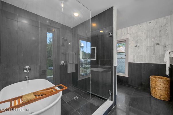 Bathroom, Free Standing Baths, Glass Shower, Interior, Marble Walls, Recessed Lighting