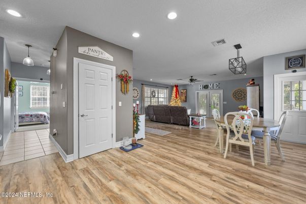 Dining room, Interior, Pendant Lights, Recessed Lighting, Wood Texture Flooring