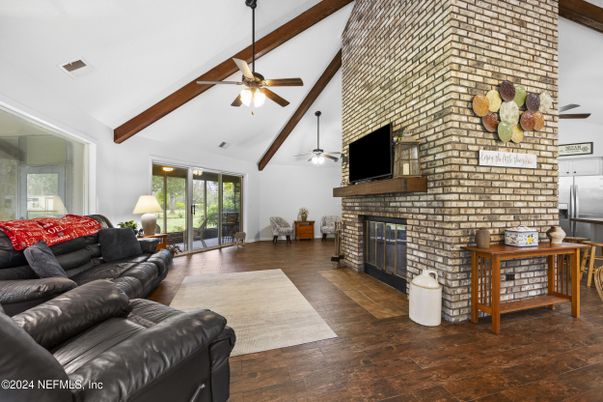 Fireplace, Interior, Living room, Stone Walls, Wooden Beams, Wood Texture Flooring
