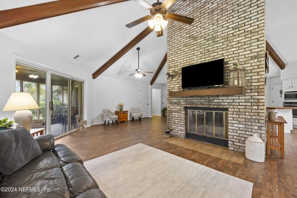 Dining room, Fireplace, Interior, Stone Walls, Wooden Beams, Wood Texture Flooring