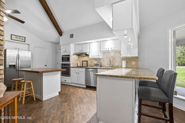 Interior, Kitchen, Stainless Steel Appliances, Wooden Beams, Wood Texture Flooring