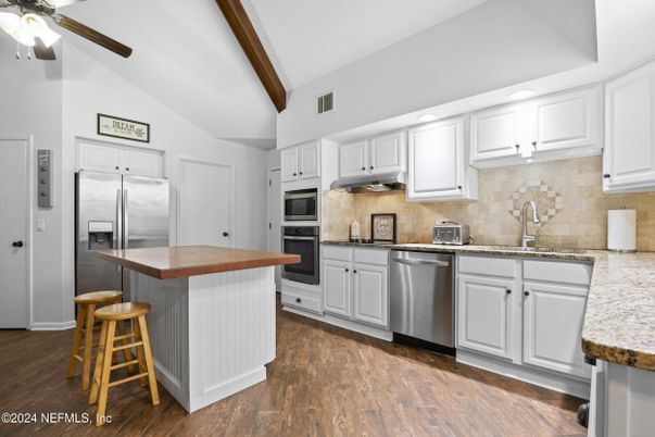 Interior, Kitchen, Recessed Lighting, Stainless Steel Appliances, Wooden Beams, Wood Texture Flooring