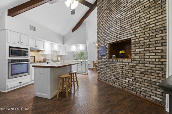 Interior, Kitchen, Stainless Steel Appliances, Stone Walls, Wooden Beams, Wood Texture Flooring