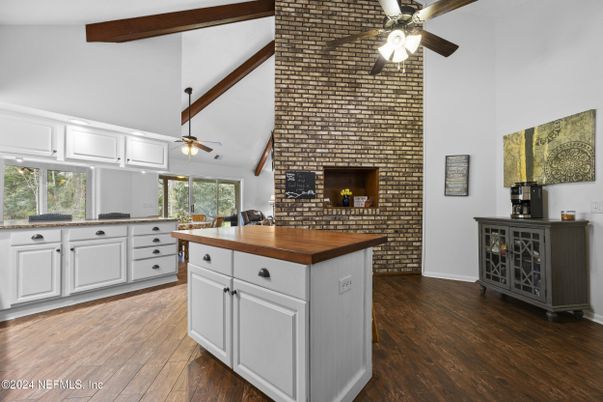 Fireplace, Interior, Kitchen, Stone Walls, Wooden Beams, Wood Texture Flooring