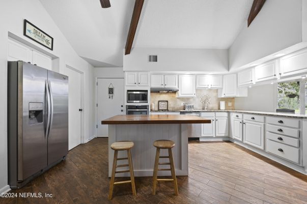 Interior, Kitchen, Stainless Steel Appliances, Wooden Beams, Wood Texture Flooring